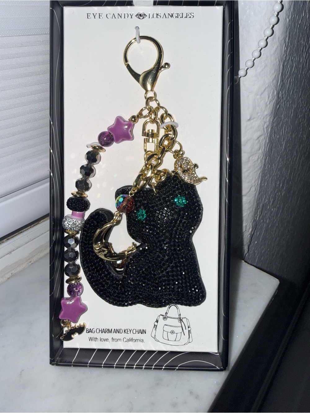 Black Cat Crystal Bag Charm Keychain